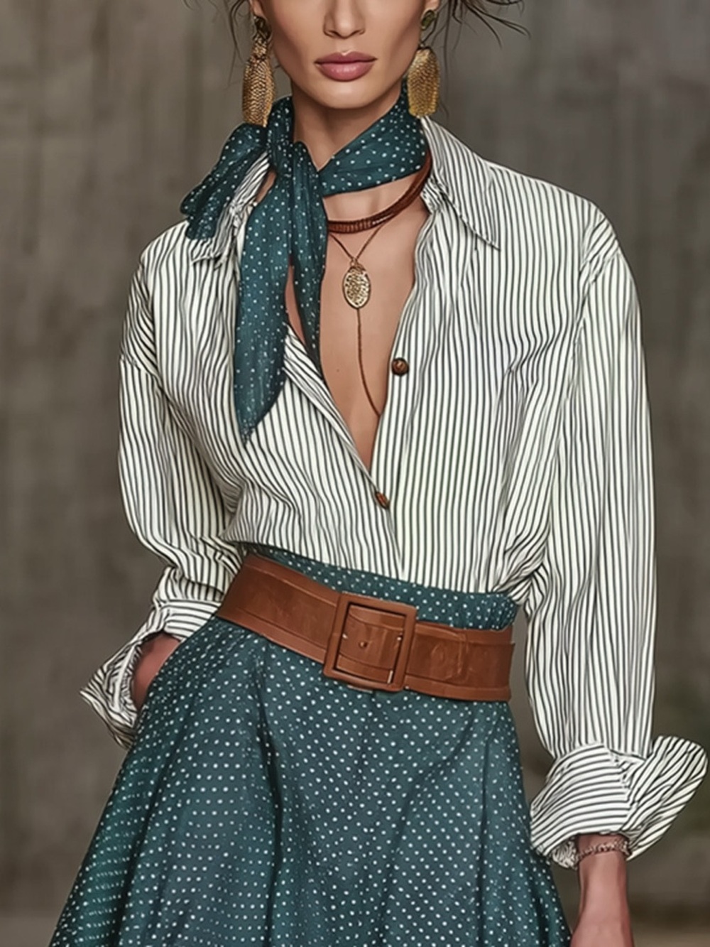 Button Up Shirt and Polka Dot Skirt Set - Picture 3 of 4